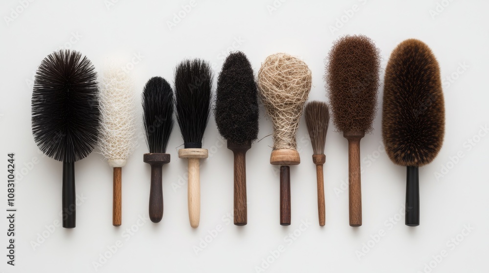 Poster collection of various cleaning brushes displayed for artistic arrangement on a light background in a