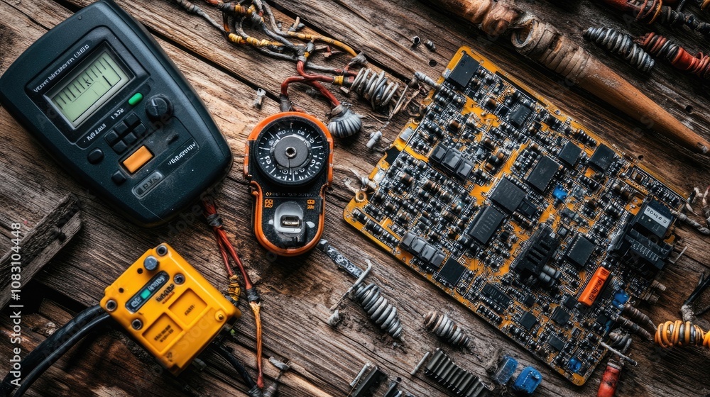 Poster close-up of electronic components and instruments on a rustic wooden surface, featuring a circuit bo