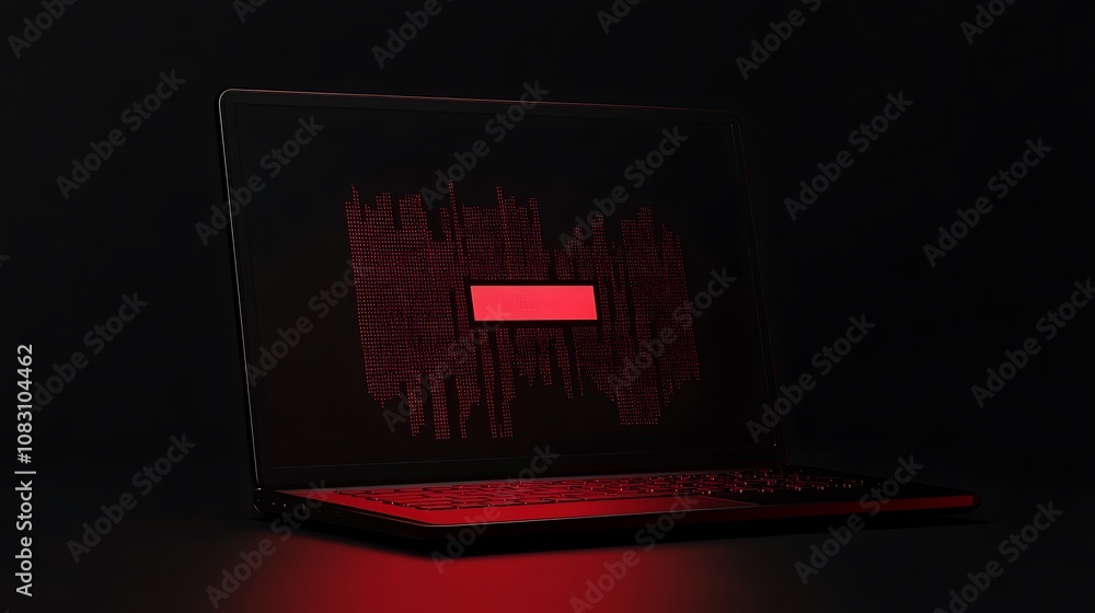 Aufkleber a dark laptop screen displaying red digital patterns, suggesting a tech or cyber theme.