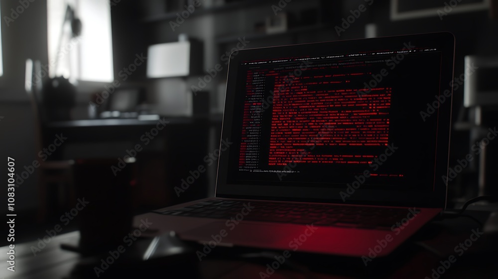 Poster a laptop displaying red text on a dark screen in a dimly lit room.