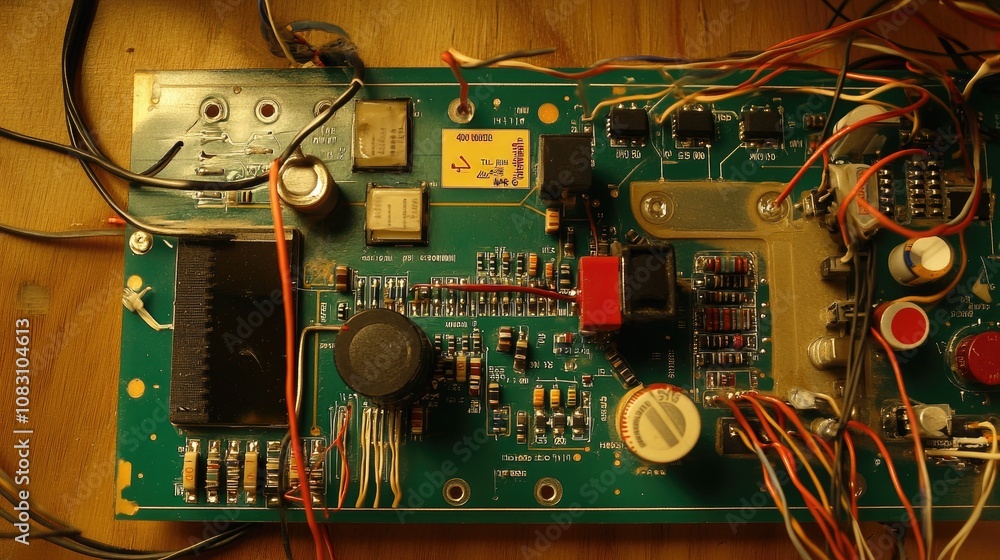 Poster detailed close-up of a circuit board with various electronic components, wires, and connectors on a 