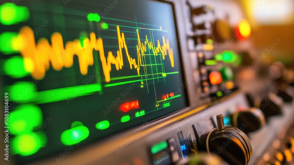 Poster High-Tech Audio Signal Analyzer Displaying Vibrant Waveforms and Clear Readouts for Professional Sound Engineering and Music Production Applications