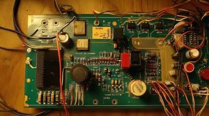 Fototapeta premium Detailed Close-Up of a Circuit Board with Various Electronic Components, Wires, and Connectors on a Wooden Surface for Technology and Engineering Projects