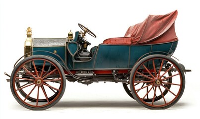 Fototapeta premium Vintage car with red leather seats and blue body, isolated on white background.