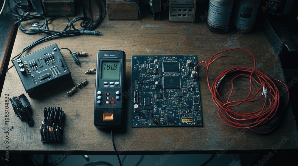 Poster a close-up view of electronic components and testing equipment on a workstation, showcasing tools li