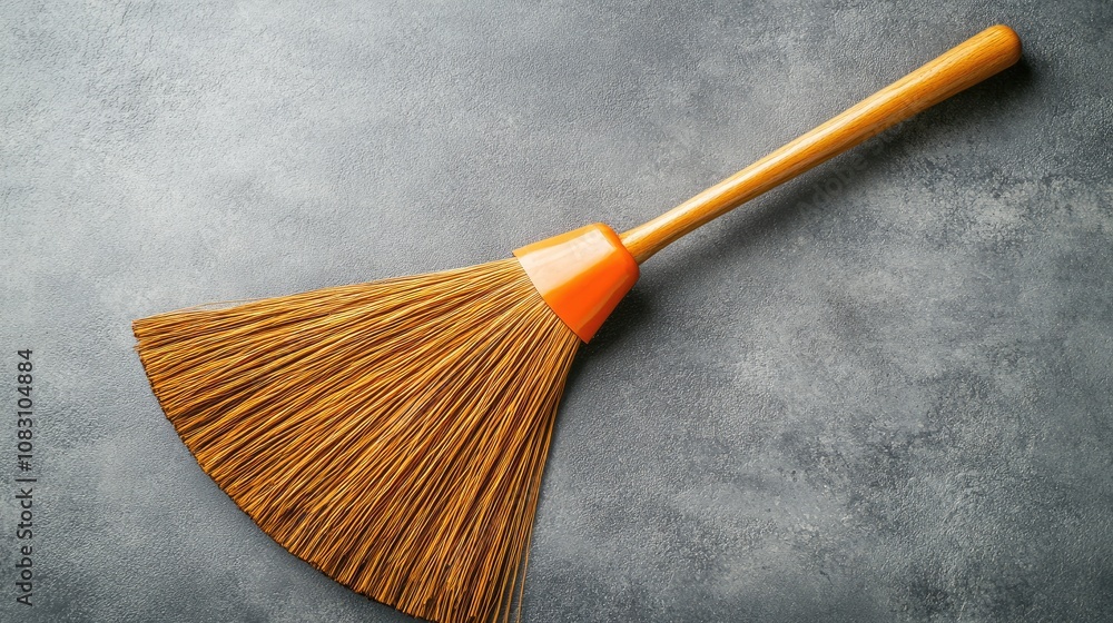 Poster bright orange handle broom on a grey surface for cleaning and sweeping spaces in a modern and minima