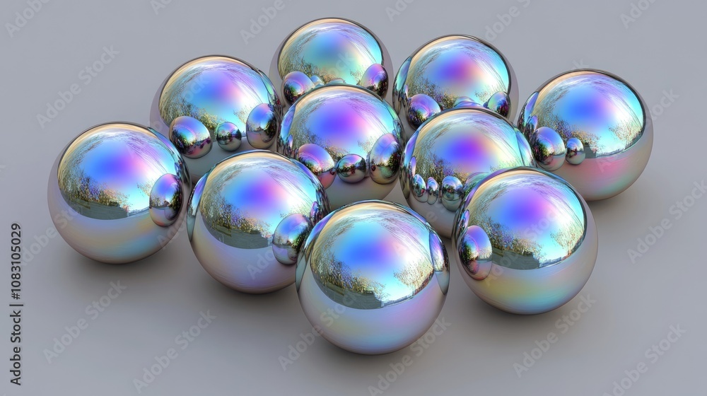 Poster shiny iridescent spheres arranged on a light gray surface with reflections and a playful array of co