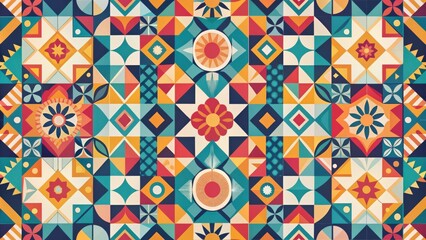 A vibrant and symmetrical pattern of geometric shapes and stylized flowers in a color palette of blue, yellow, orange, and red.