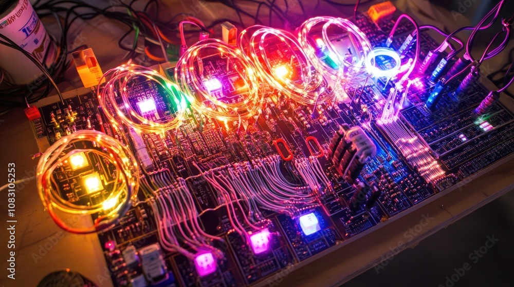 Poster colorful circuit board with light-up elements and intricate wiring for technology and innovation con
