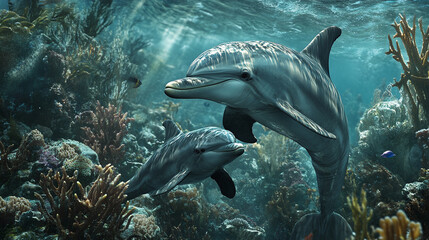 Naklejka premium Dolphin mother feeding her calf underwater, surrounded by coral