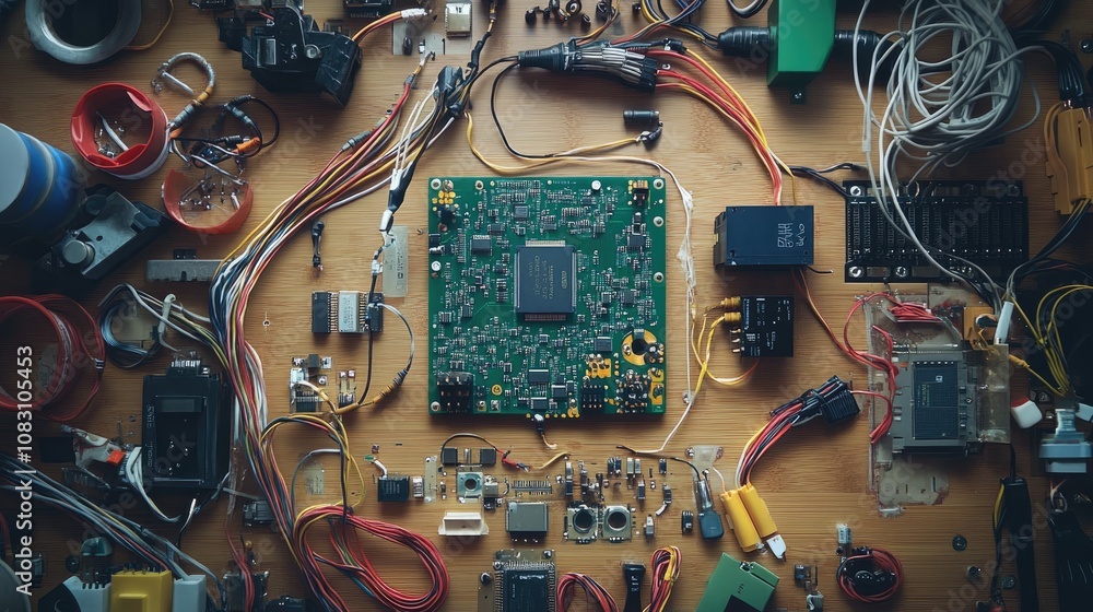 Poster close-up view of various electronic components and circuit boards spread out on a wooden surface for