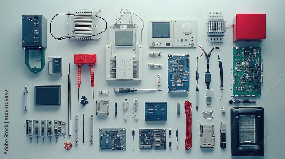 Poster a comprehensive collection of electronic components and tools for technology enthusiasts and profess