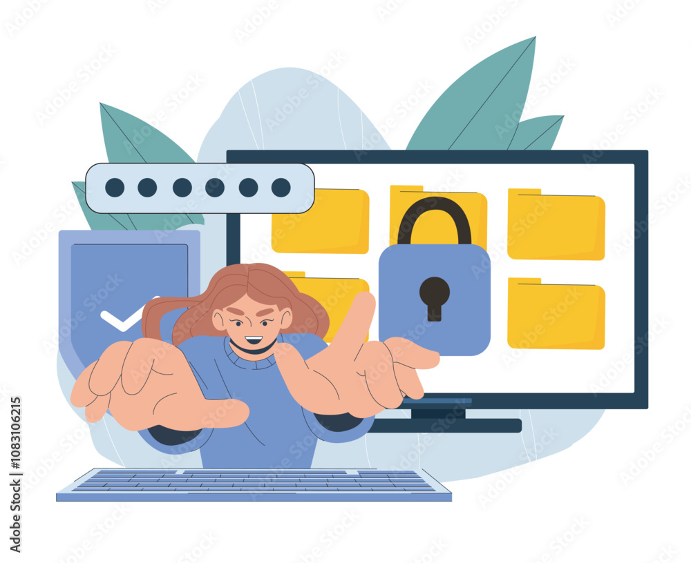 Poster folders with password protection. woman enters password into computer. security and protection of da