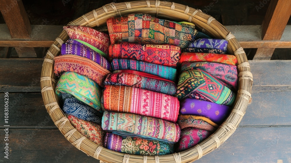 Poster a colorful array of handwoven textiles in a traditional basket, showcasing vibrant patterns and rich