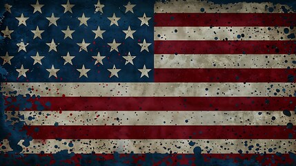 Fototapeta premium A weathered American flag with a distressed texture and splashes of color.
