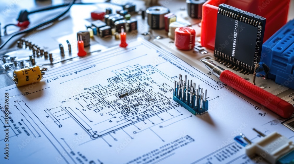 Poster detailed close-up of electronic circuit board design with components, tools, and blueprints on white