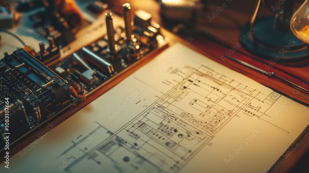 Poster detailed engineering blueprint with electronic components and vintage tools for technical and design