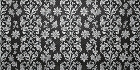 Obraz premium Seamless silver lace leaves wallpaper pattern with intricate floral designs, textured, design, interior design