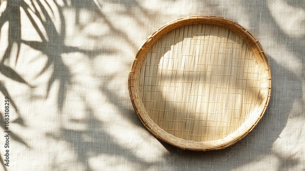 Poster circular woven basket on a textured background with soft natural light casting shadow patterns for w
