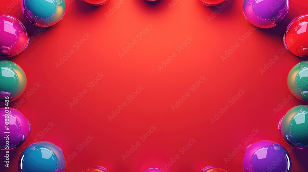 Poster colorful and vibrant orbs arranging a circular frame on a bright red background for artistic and cre