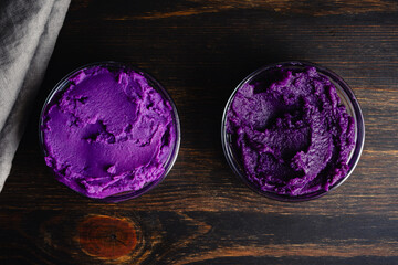 Purple Sweet Potato Puree in Small Glass Bowls: Color and Texture comparison of puree made from boiled and roasted purple sweet potatoes