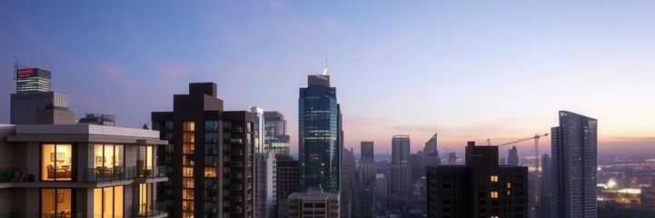 A modern apartment with a stunning view from the top of a luxury condo building, view, skyline, building