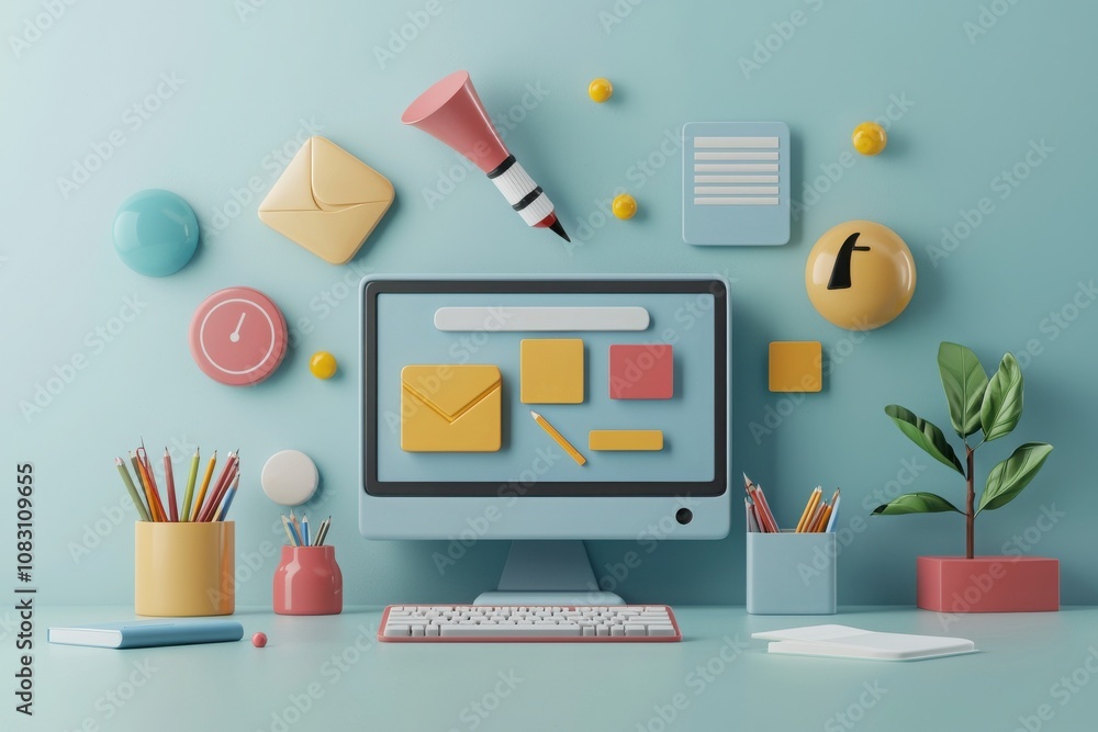 Aufkleber creative workspace setup for online learning digital office 3d render modern environment front view 