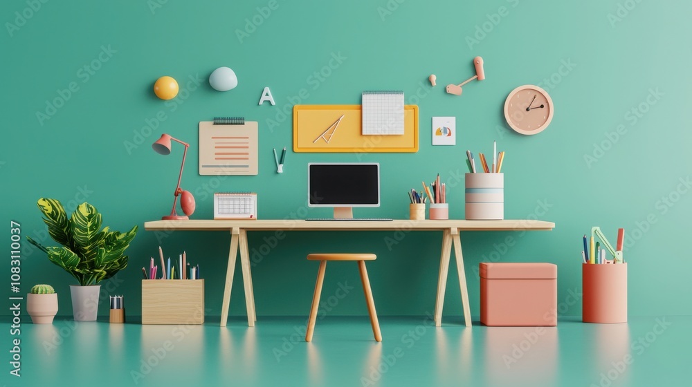Poster interactive learning space modern office digital workspace creative environment front view productiv