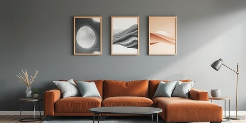 Elegant grey living room interior with brown corner sofa featuring gallery of trendy posters, home decor, trendy posters, brown sofa