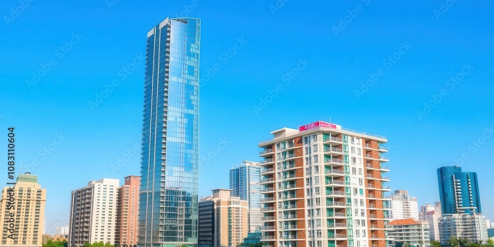 Poster modern apartment building with sleek design and large windows, alongside blueprints and architectura