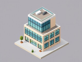 Modern isometric office building with multiple levels, glass windows, and rooftop terrace, vector, structure