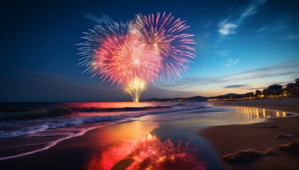 fireworks on the beach at dusk