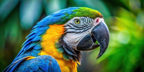 Fototapeta premium A close-up portrait of a blue and yellow macaw with vibrant feathers, a powerful beak, and an intelligent gaze set against a backdrop of lush greenery.