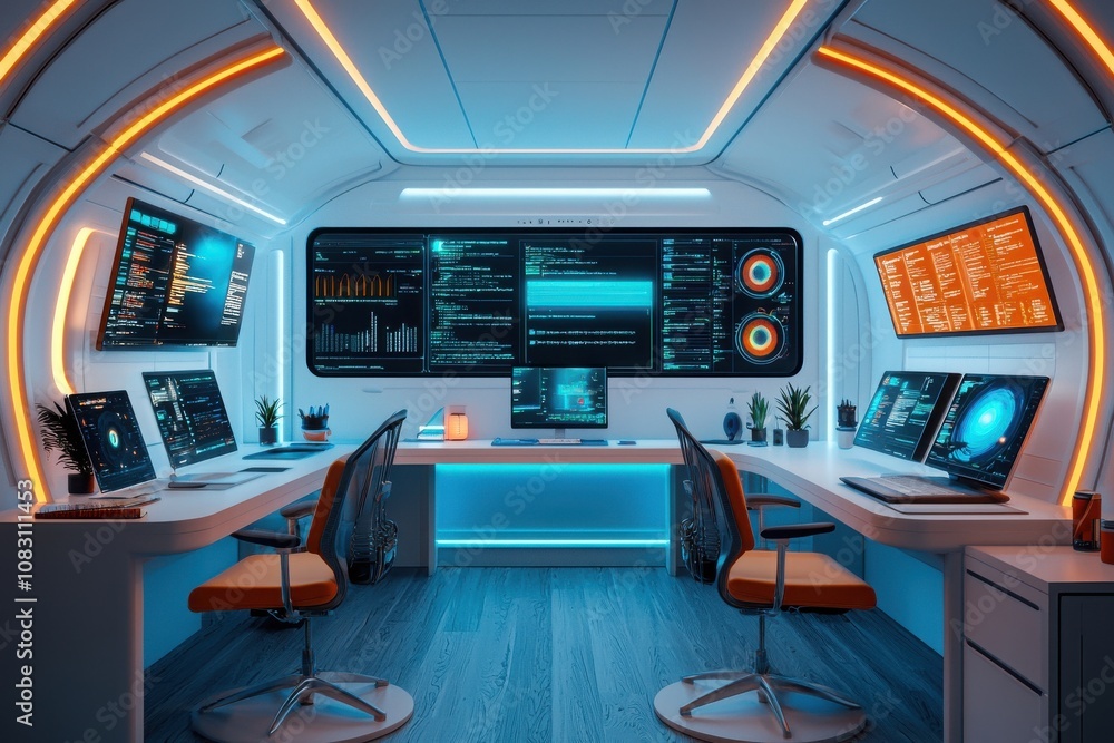 Poster futuristic online learning hub virtual classroom digital workspace high-tech environment immersive e