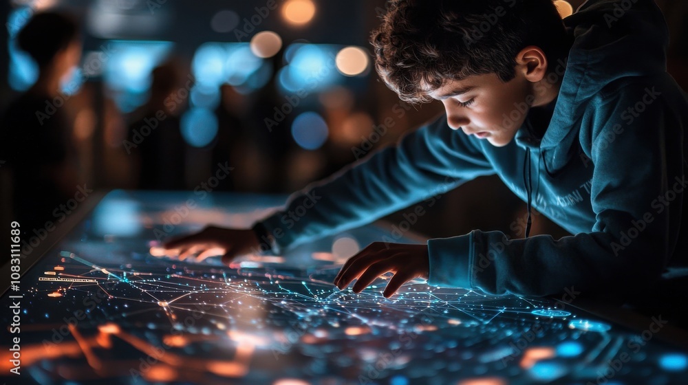 Poster student engaging with interactive space-themed learning classroom digital education display futurist