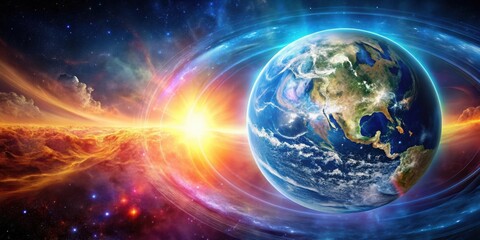 Obraz premium A majestic view of Earth as it orbits through a vibrant cosmic landscape, illuminated by a radiant sun and surrounded by swirling galaxies, stars, and ethereal rings.