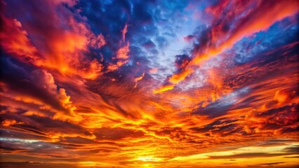 Fototapeta premium A fiery sky, illuminated by the setting sun, paints a canvas of swirling clouds with vibrant shades of orange, red, and blue.