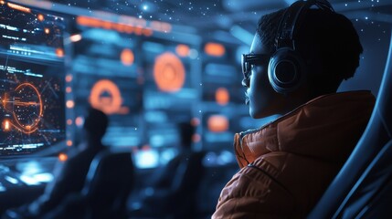 Students engaged in virtual class futuristic environment digital learning high-tech classroom innovative technology