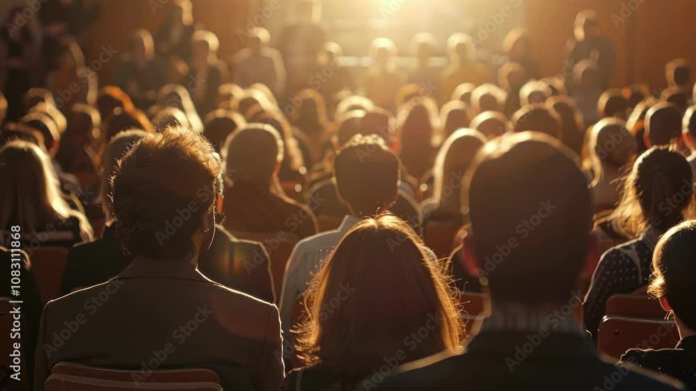 Poster a hazy vision of a speaker and a defocused audience at an informative public lecture.