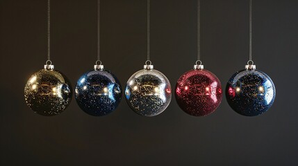 Five Glittery Christmas Ornaments Hanging Against a Dark Background