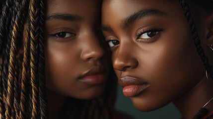 Obraz premium Close-up of women with intricate braids, locs, and buns, soft studio lighting