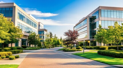 Obraz premium Modern Business Complex with Lush Greenery and Clear Blue Sky, Showcasing Contemporary Architecture and Inviting Walkways for Professionals and Visitors