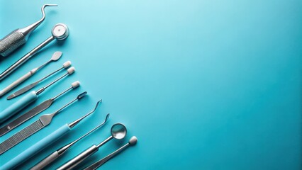 A collection of shiny dental tools arranged on a vibrant blue background, ready for the next patient's appointment.