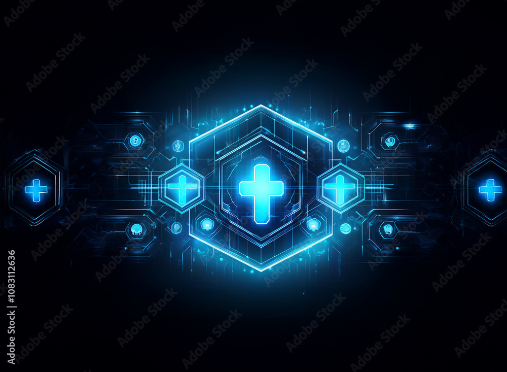Poster a glowing blue cross symbol encased in a hexagonal structure with smaller hexagons surrounding it ag