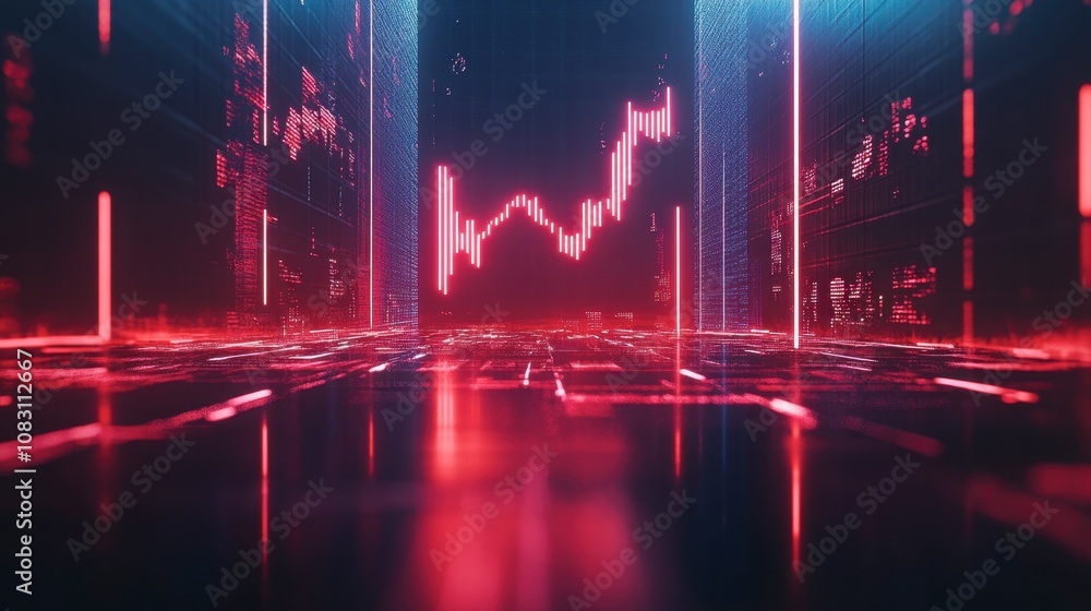 Poster futuristic digital stock market visualization with vibrant red graph trends representing financial g