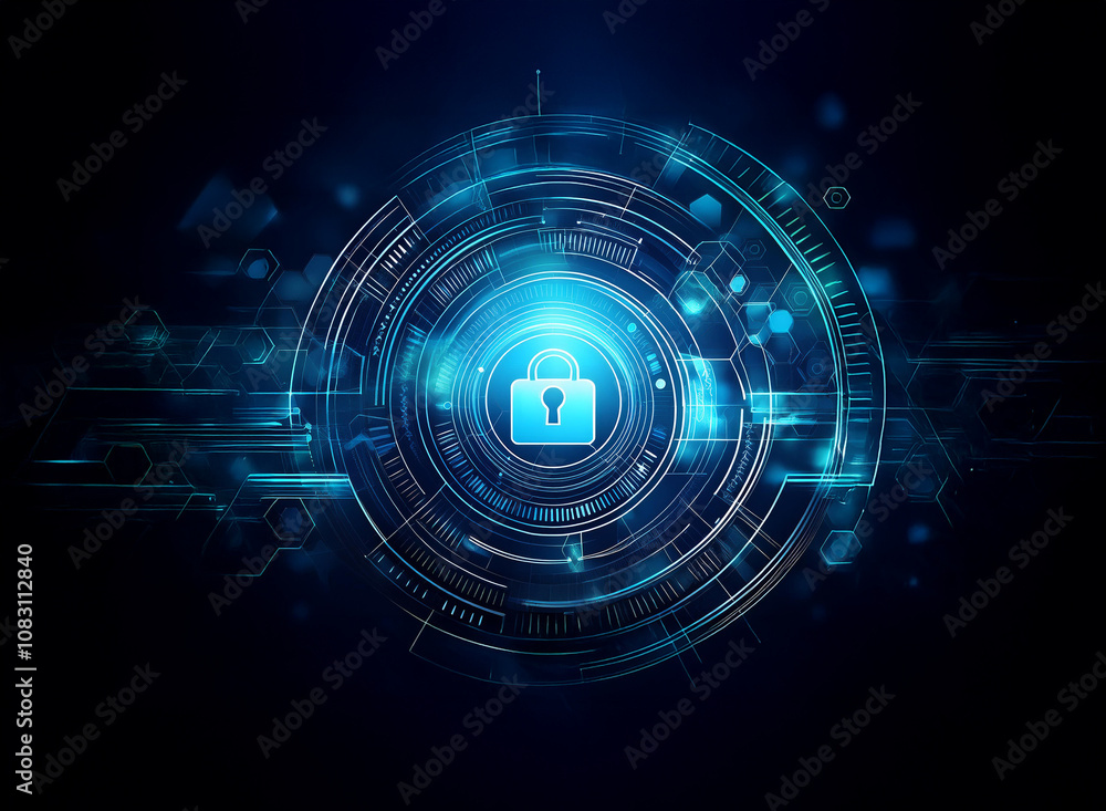 Aufkleber a glowing blue padlock in the center of a circular interface surrounded by data streams.