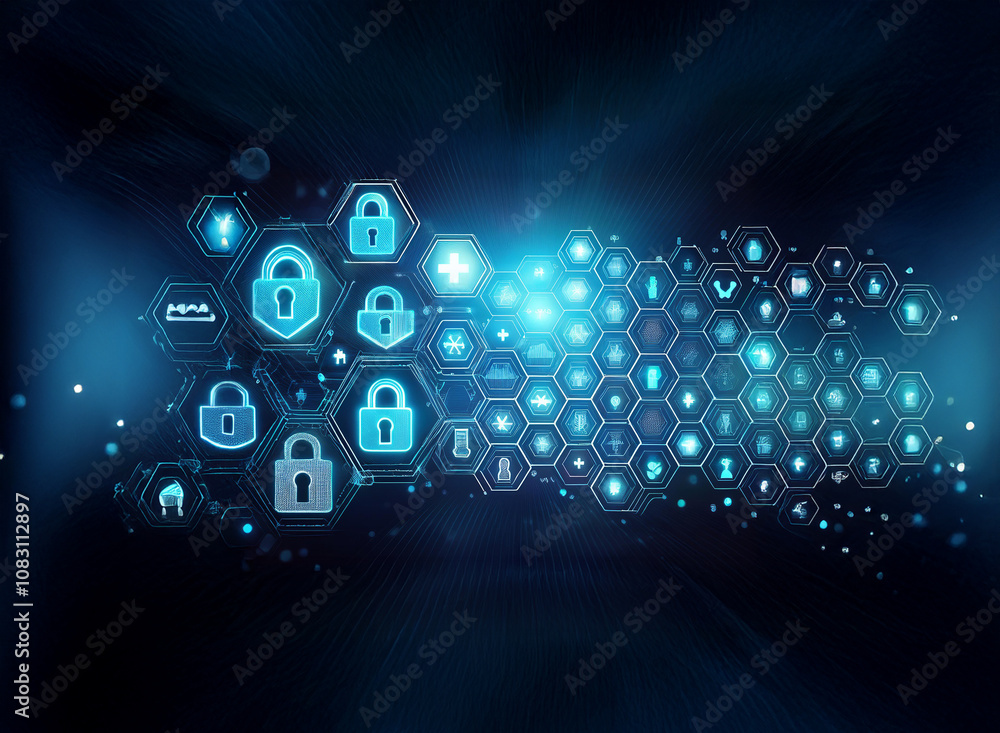 Poster a dark background with a blue glowing honeycomb pattern that features numerous security lock icons.