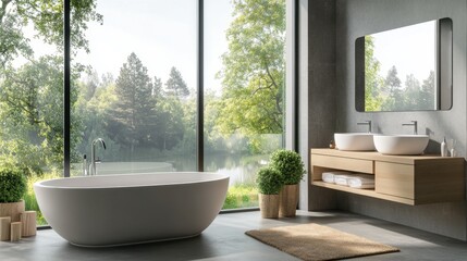 Fototapeta premium Modern bathroom design featuring a freestanding bathtub, large windows with nature view, and elegant dual sink vanity with a minimalist wooden cabinet and decorative plants