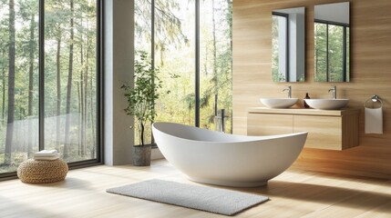 Fototapeta premium Modern Minimalist Bathroom Design with Freestanding Bathtub, Warm Wood Accents and Large Windows Overlooking Serene Nature Landscape