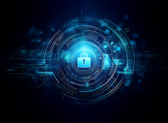 Obraz premium A glowing blue padlock in the center of a circular interface surrounded by data streams.
